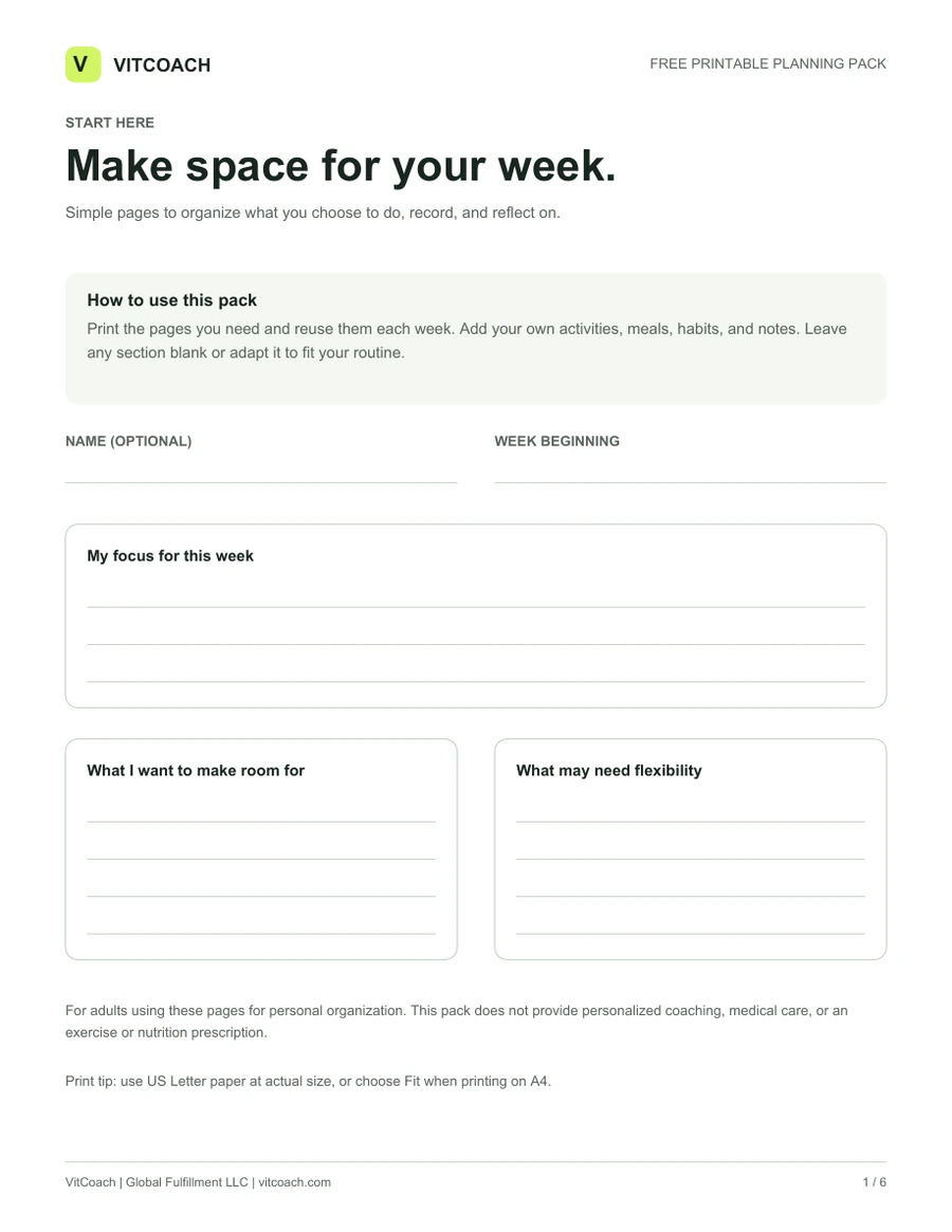Page 1 of the VitCoach Planning Pack: Start here, shown as the blank printable worksheet.