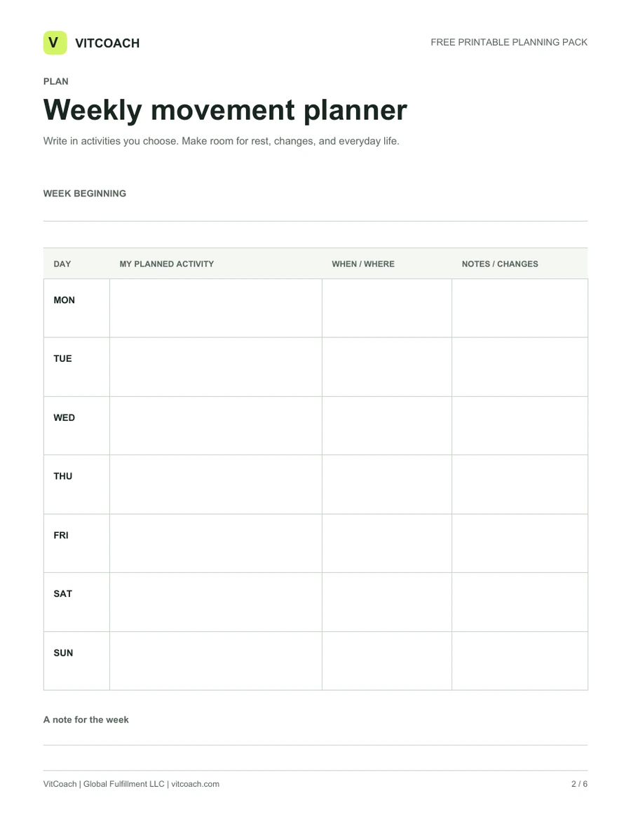 Page 2 of the VitCoach Planning Pack: Weekly movement planner, shown as the blank printable worksheet.