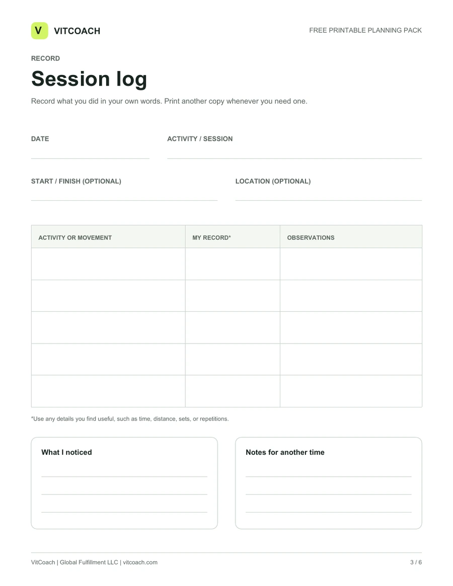 Page 3 of the VitCoach Planning Pack: Session log, shown as the blank printable worksheet.