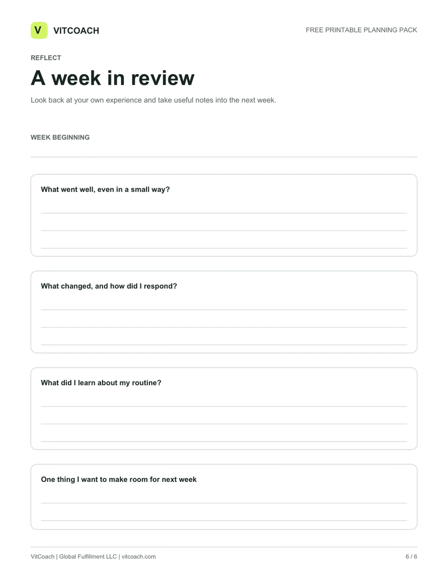 Page 6 of the VitCoach Planning Pack: A week in review, shown as the blank printable worksheet.